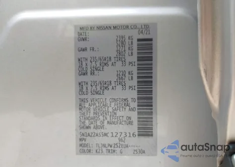 2021 Nissan Murano S Intelligent Awd z USA, uszkodzony, nr VIN 5N1AZ2AS5MC127316